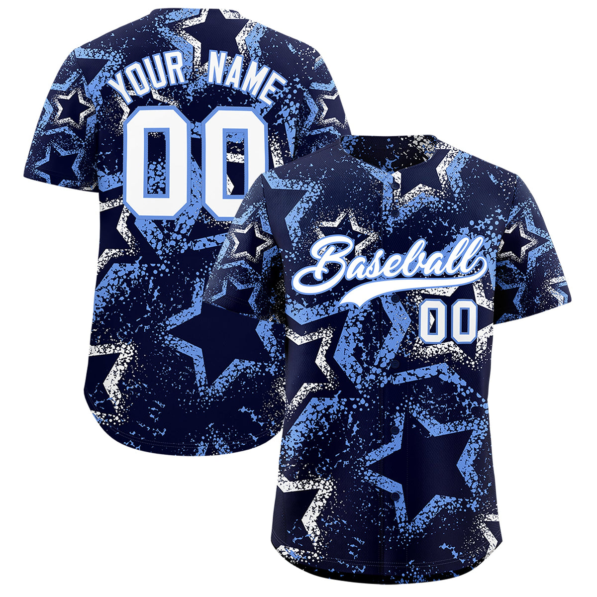 Custom Navy White Light Blue Star-Shaped Ink Texture Graffiti Pattern Baseball Jersey | Sublimation Printed & Stitched,Add Name and Numbern,Perfect for Parties,Perfect for Training | KXKSHOP