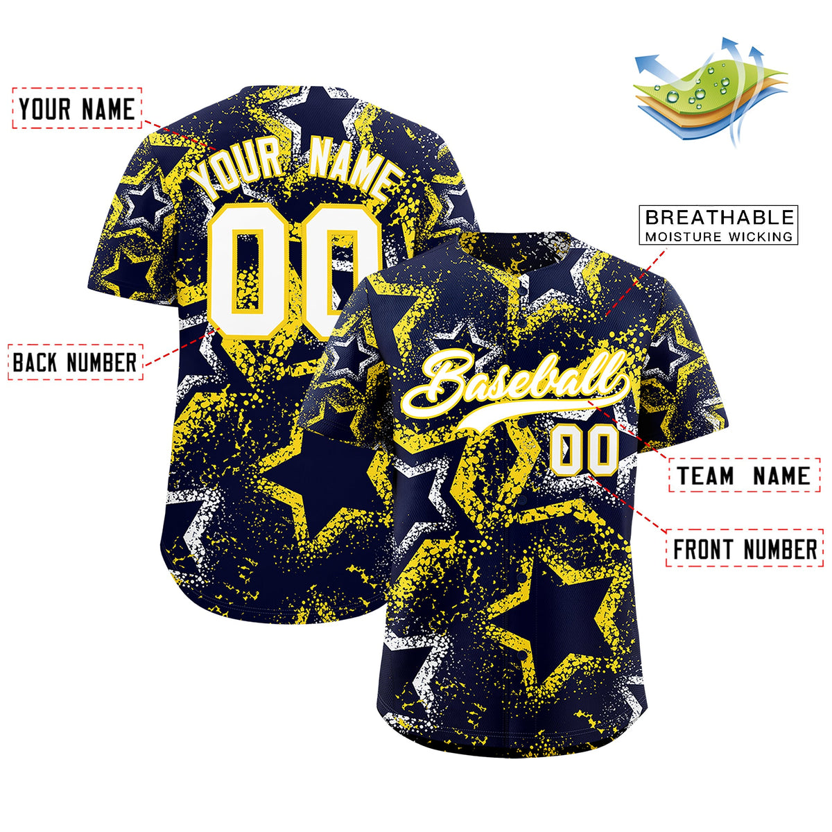 Custom Navy White Gold Star-Shaped Ink Texture Graffiti Pattern Baseball Jersey | Sublimation Printed & Stitched,Add Name and Numbern,Perfect for Parties,Perfect for Training | KXKSHOP