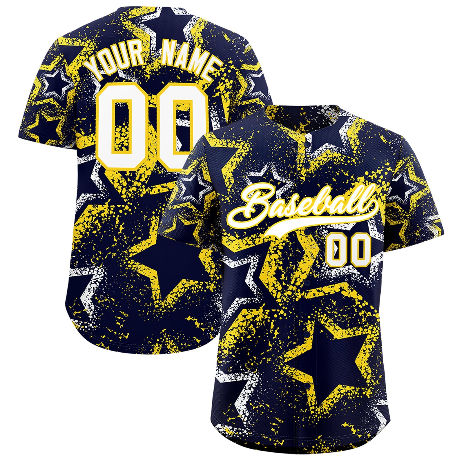 Custom Navy White Gold Star-Shaped Ink Texture Graffiti Pattern Baseball Jersey | Sublimation Printed & Stitched,Add Name and Numbern,Perfect for Parties,Perfect for Training | KXKSHOP