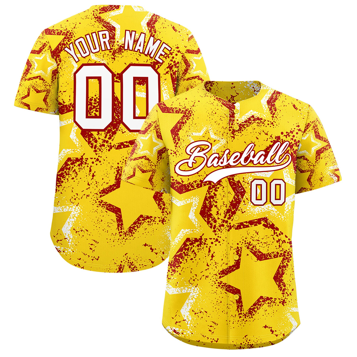 Custom Gold White Red Star-Shaped Ink Texture Graffiti Pattern Baseball Jersey | Sublimation Printed & Stitched,Add Name and Numbern,Perfect for Parties,Perfect for Training | KXKSHOP