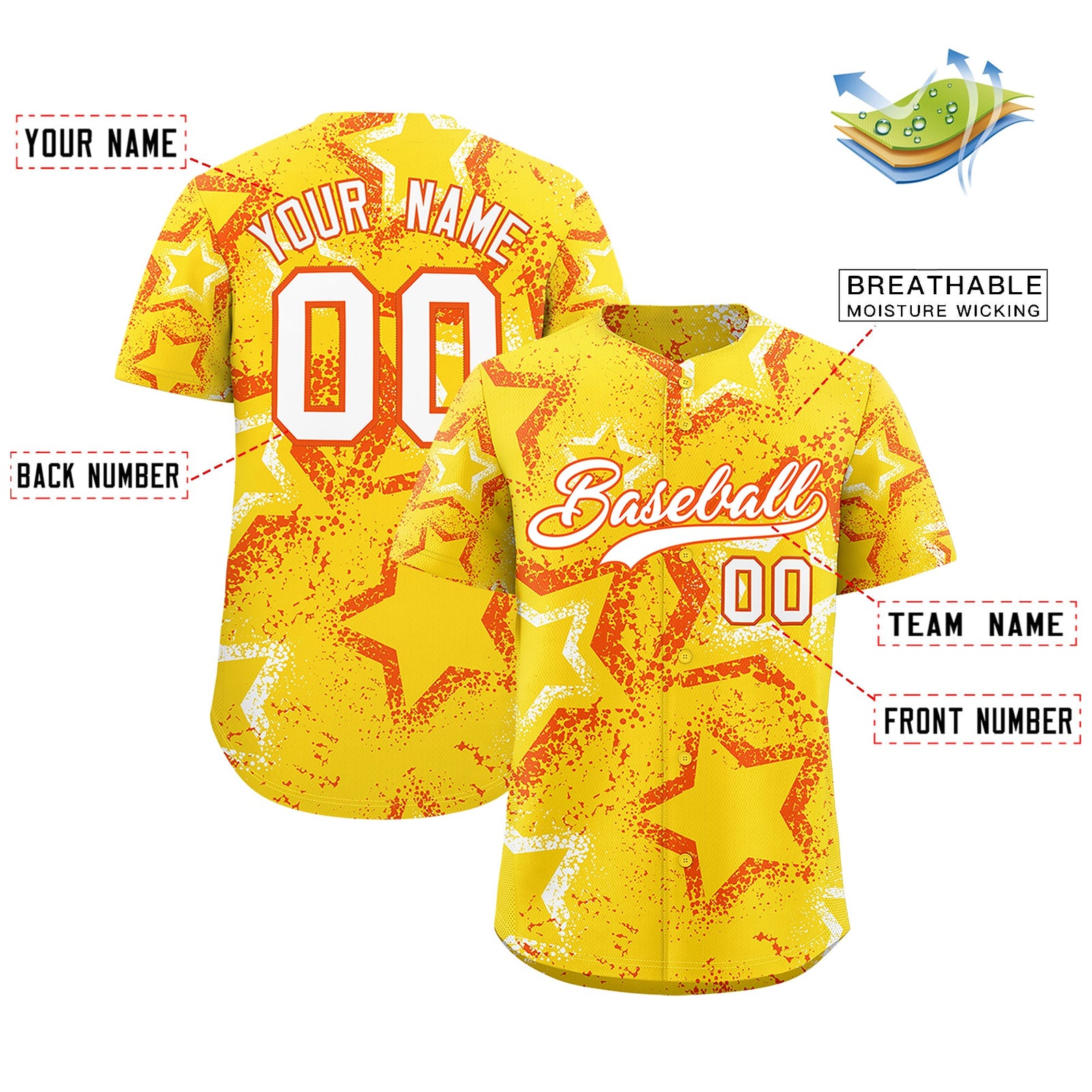 Custom Gold Orange White Star-Shaped Ink Texture Graffiti Pattern Baseball Jersey | Sublimation Printed & Stitched,Add Name and Numbern,Perfect for Parties,Perfect for Training | KXKSHOP