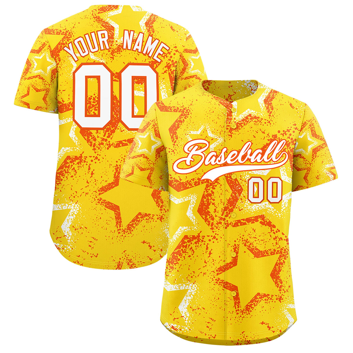 Custom Gold Orange White Star-Shaped Ink Texture Graffiti Pattern Baseball Jersey | Sublimation Printed & Stitched,Add Name and Numbern,Perfect for Parties,Perfect for Training | KXKSHOP