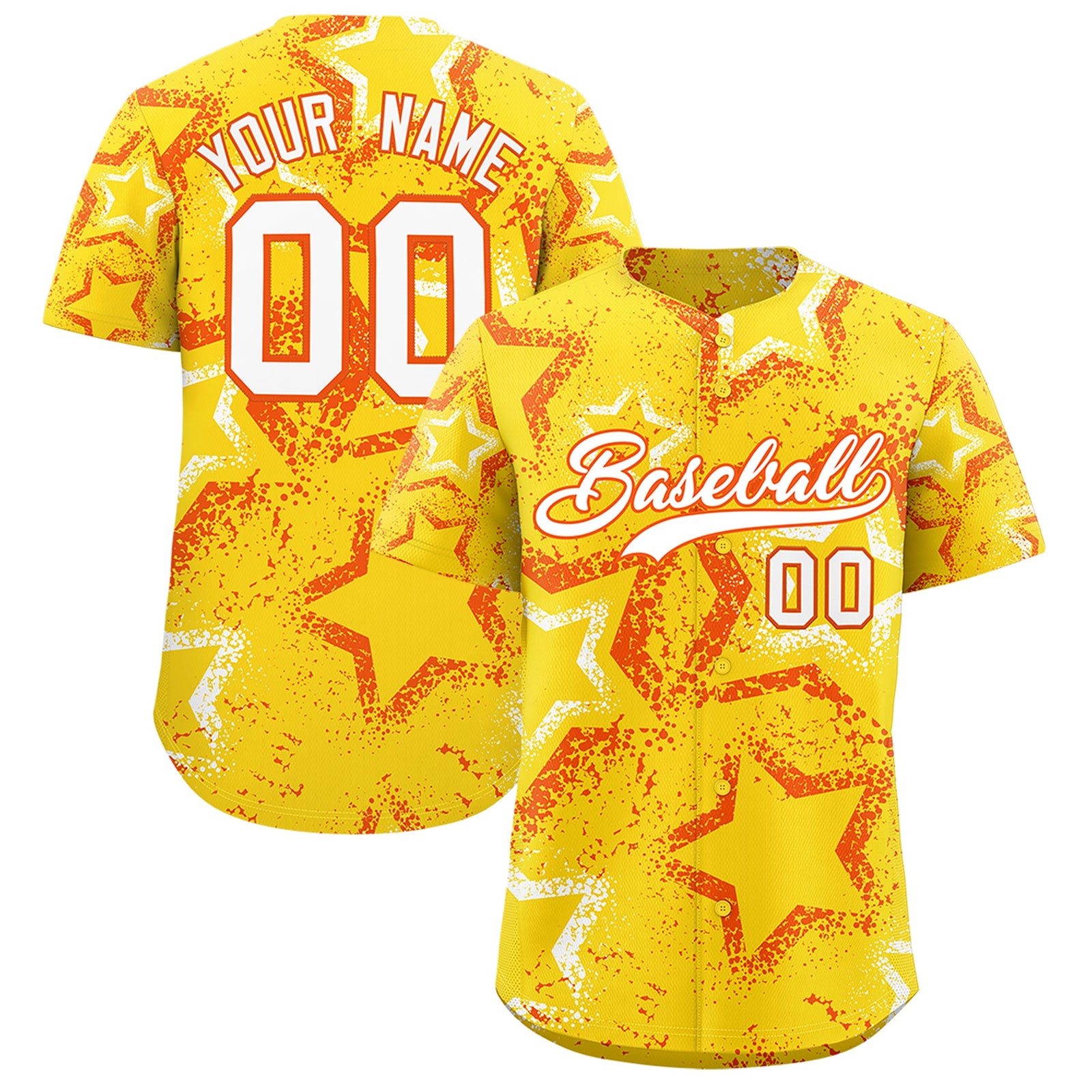 Custom Gold Orange White Star-Shaped Ink Texture Graffiti Pattern Baseball Jersey | Sublimation Printed & Stitched,Add Name and Numbern,Perfect for Parties,Perfect for Training | KXKSHOP
