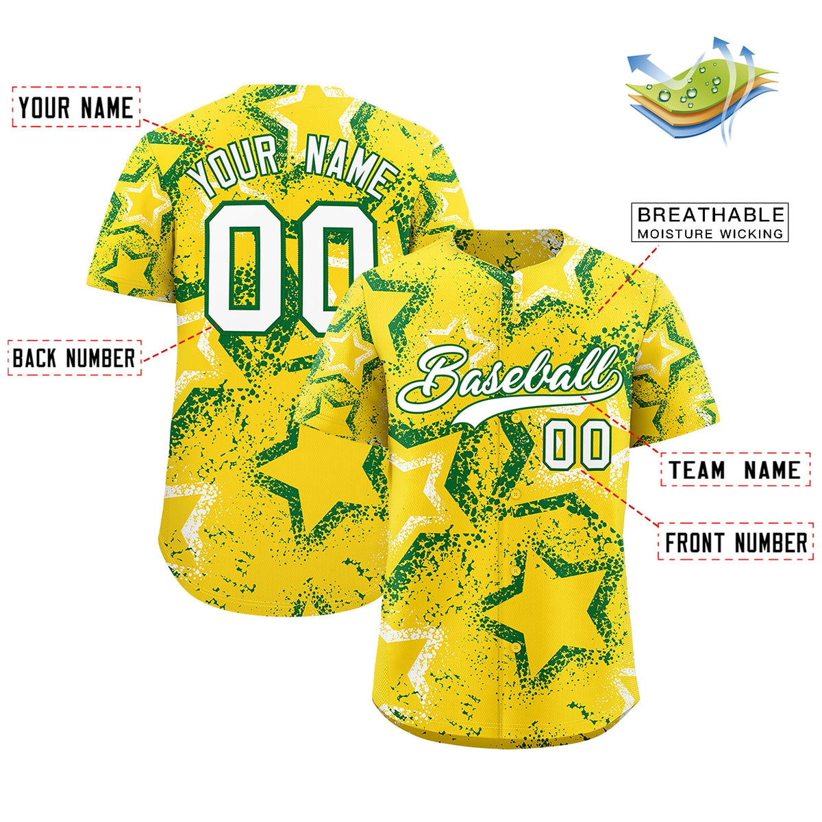 Custom Gold White Kelly Green Star-Shaped Ink Texture Graffiti Pattern Baseball Jersey | Sublimation Printed &amp; Stitched,Add Name and Numbern,Perfect for Parties,Perfect for Training | KXKSHOP
