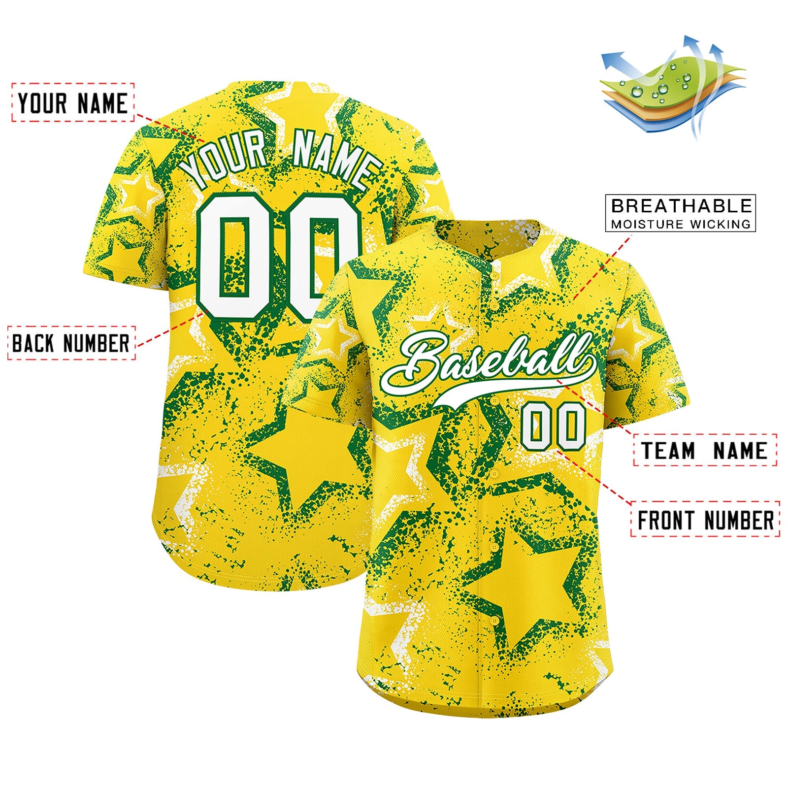 Custom Gold White Kelly Green Star-Shaped Ink Texture Graffiti Pattern Baseball Jersey | Sublimation Printed & Stitched,Add Name and Numbern,Perfect for Parties,Perfect for Training | KXKSHOP