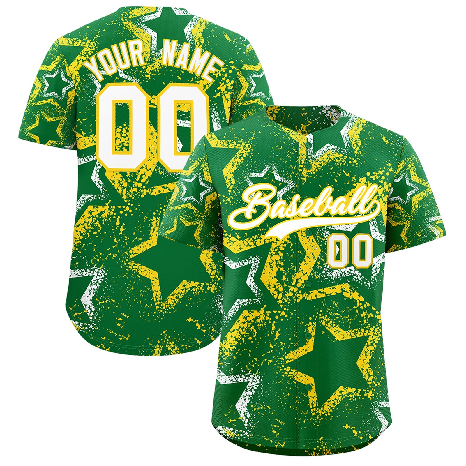 Custom Kelly Green White Gold Star-Shaped Ink Texture Graffiti Pattern Baseball Jersey | Sublimation Printed & Stitched,Add Name and Numbern,Perfect for Parties,Perfect for Training | KXKSHOP