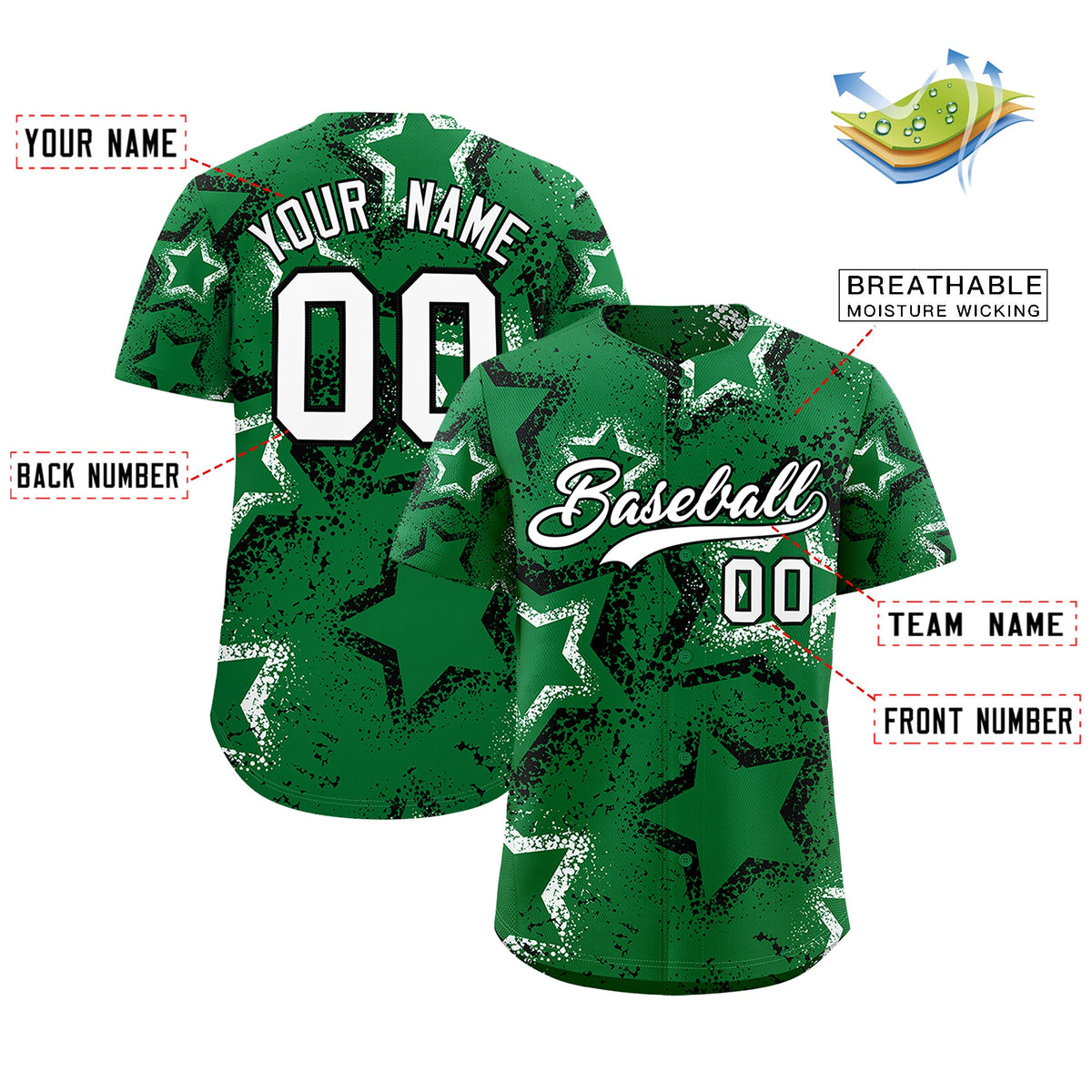 Custom Kelly Green White Star-Shaped Ink Texture Graffiti Pattern Baseball Jersey | Sublimation Printed &amp; Stitched,Add Name and Numbern,Perfect for Parties,Perfect for Training | KXKSHOP
