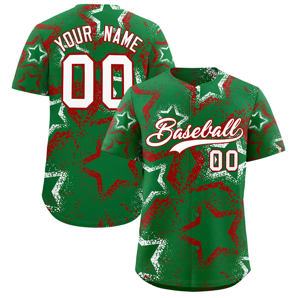Custom Kelly Green White Red Star-Shaped Ink Texture Graffiti Pattern Baseball Jersey | Sublimation Printed &amp; Stitched,Add Name and Numbern,Perfect for Parties,Perfect for Training | KXKSHOP