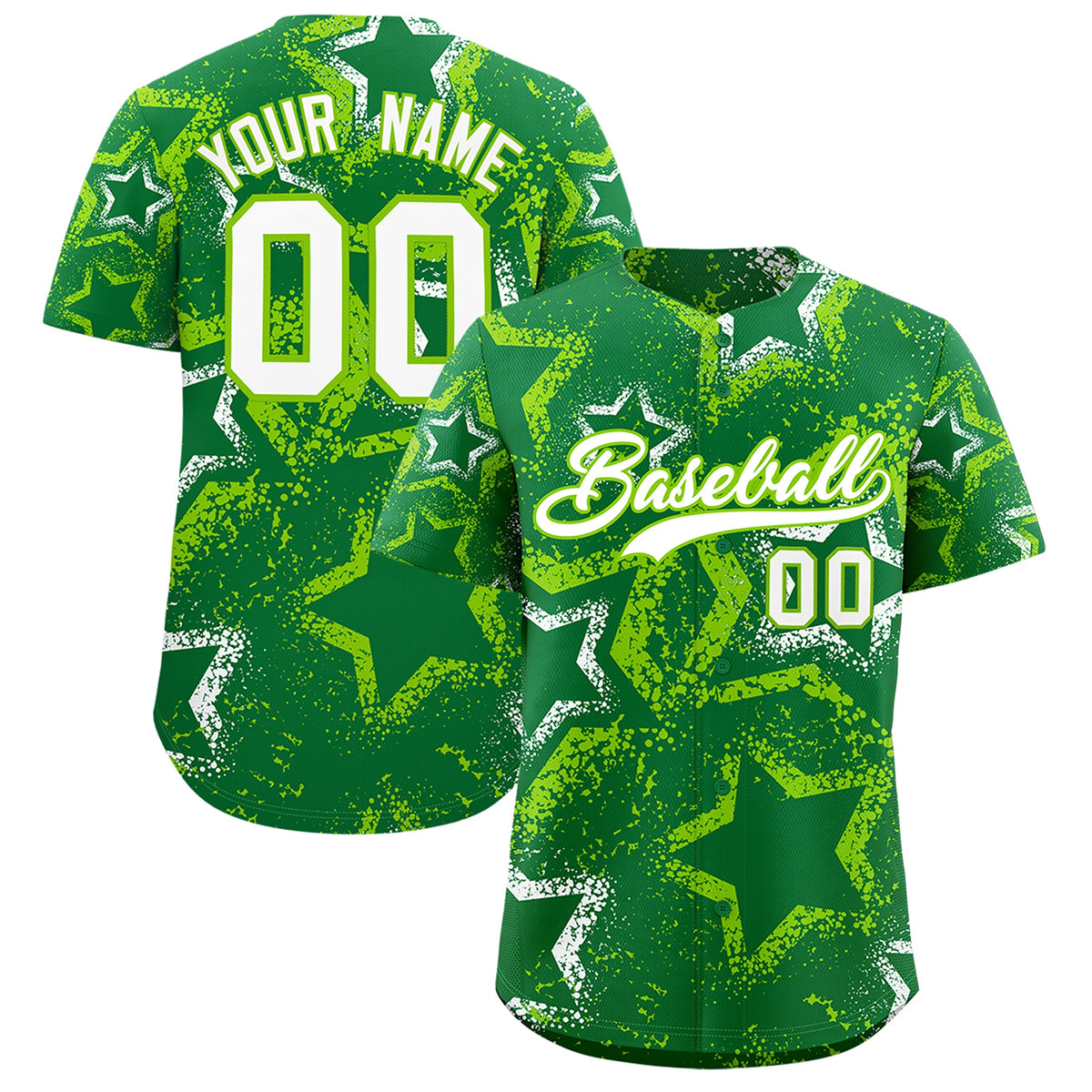 Custom Kelly Green White Neon Green Star-Shaped Ink Texture Graffiti Pattern Baseball Jersey | Sublimation Printed &amp; Stitched,Add Name and Numbern,Perfect for Parties,Perfect for Training | KXKSHOP