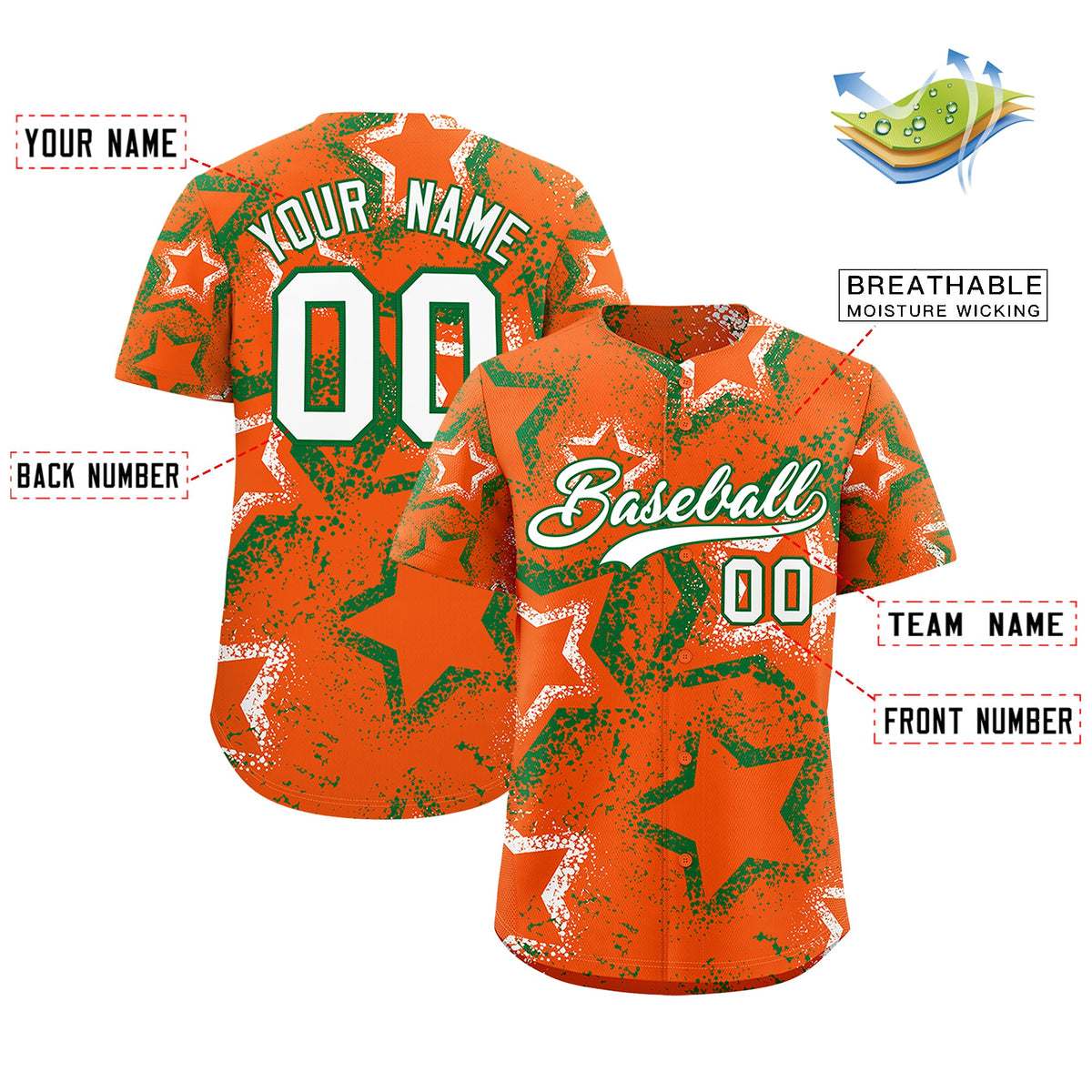 Custom Orange White Kelly Green Star-Shaped Ink Texture Graffiti Pattern Baseball Jersey | Sublimation Printed &amp; Stitched,Add Name and Numbern,Perfect for Parties,Perfect for Training | KXKSHOP