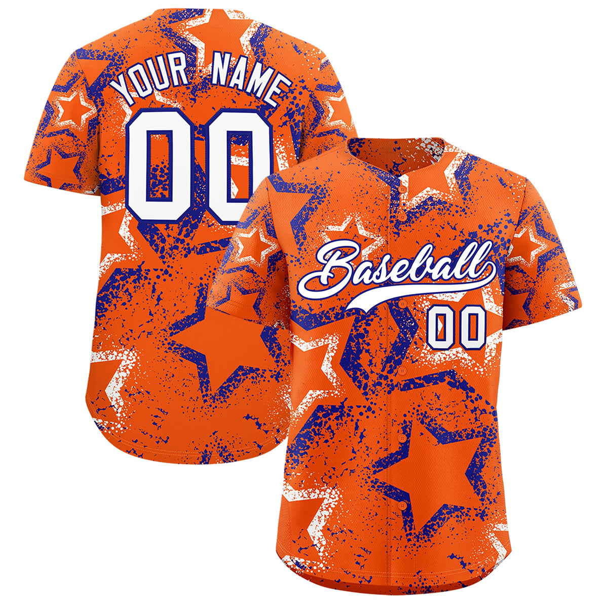 Custom Orange White Royal Blue Star-Shaped Ink Texture Graffiti Pattern Baseball Jersey | Sublimation Printed &amp; Stitched,Add Name and Numbern,Perfect for Parties,Perfect for Training | KXKSHOP