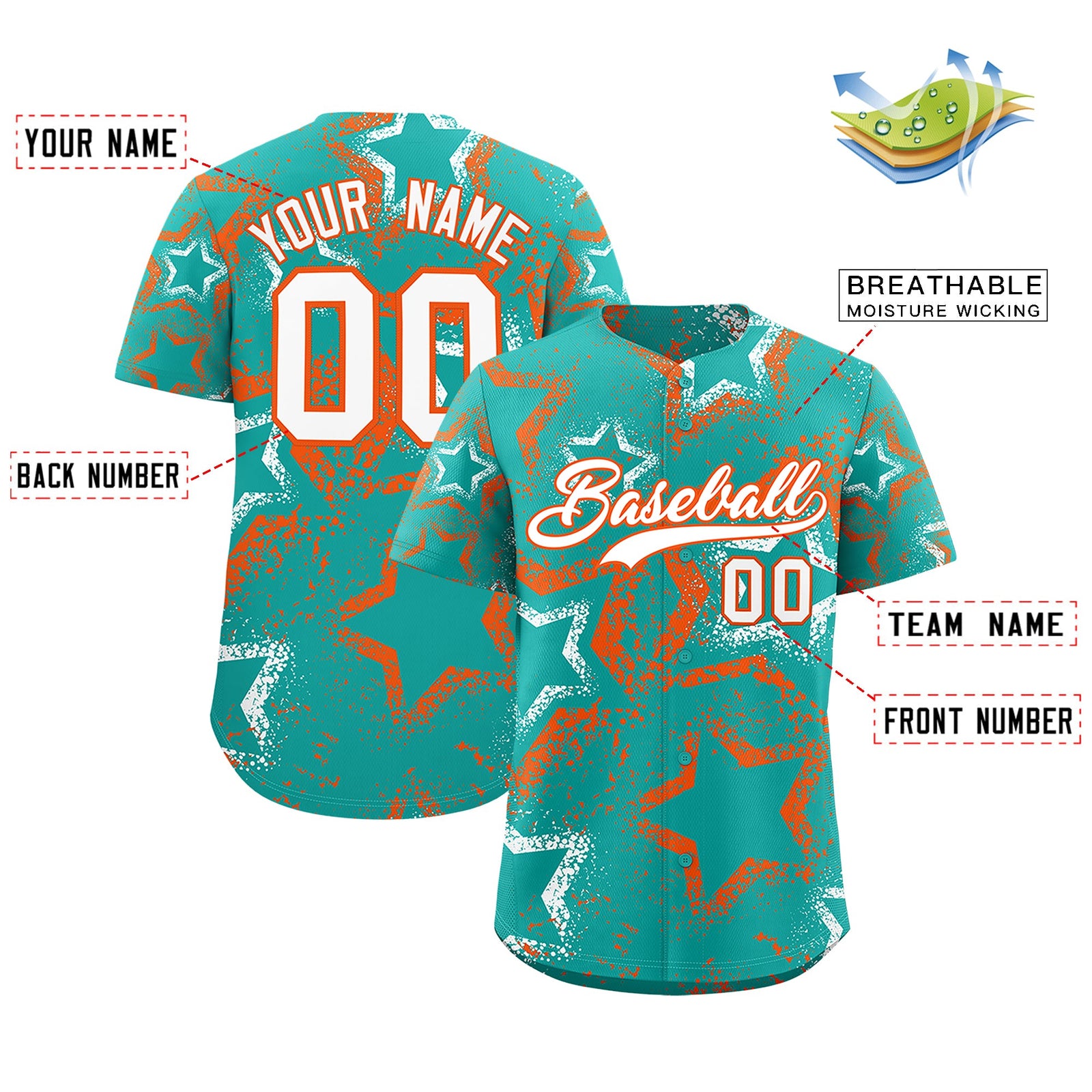 Custom Aqua White Orange Star-Shaped Ink Texture Graffiti Pattern Baseball Jersey | Sublimation Printed & Stitched,Add Name and Numbern,Perfect for Parties,Perfect for Training | KXKSHOP
