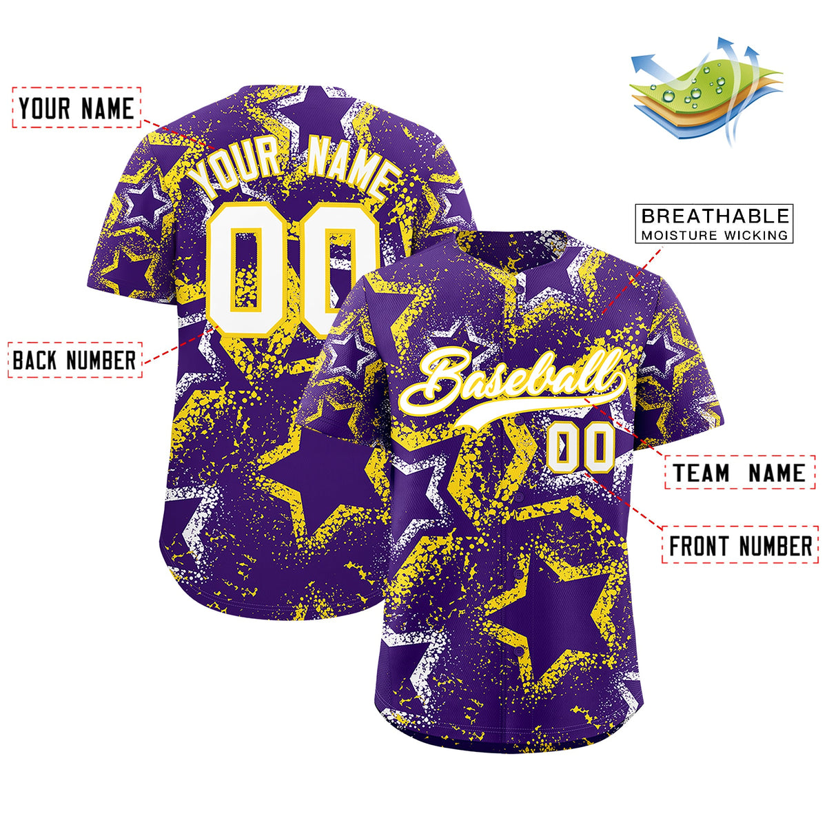 Custom Purple White Gold Star-Shaped Ink Texture Graffiti Pattern Baseball Jersey | Sublimation Printed & Stitched,Add Name and Numbern,Perfect for Parties,Perfect for Training | KXKSHOP