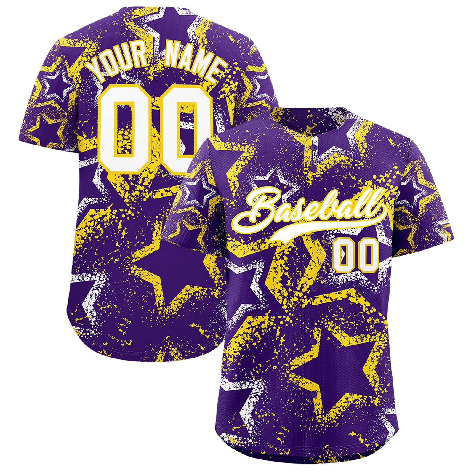 Custom Purple White Gold Star-Shaped Ink Texture Graffiti Pattern Baseball Jersey | Sublimation Printed & Stitched,Add Name and Numbern,Perfect for Parties,Perfect for Training | KXKSHOP
