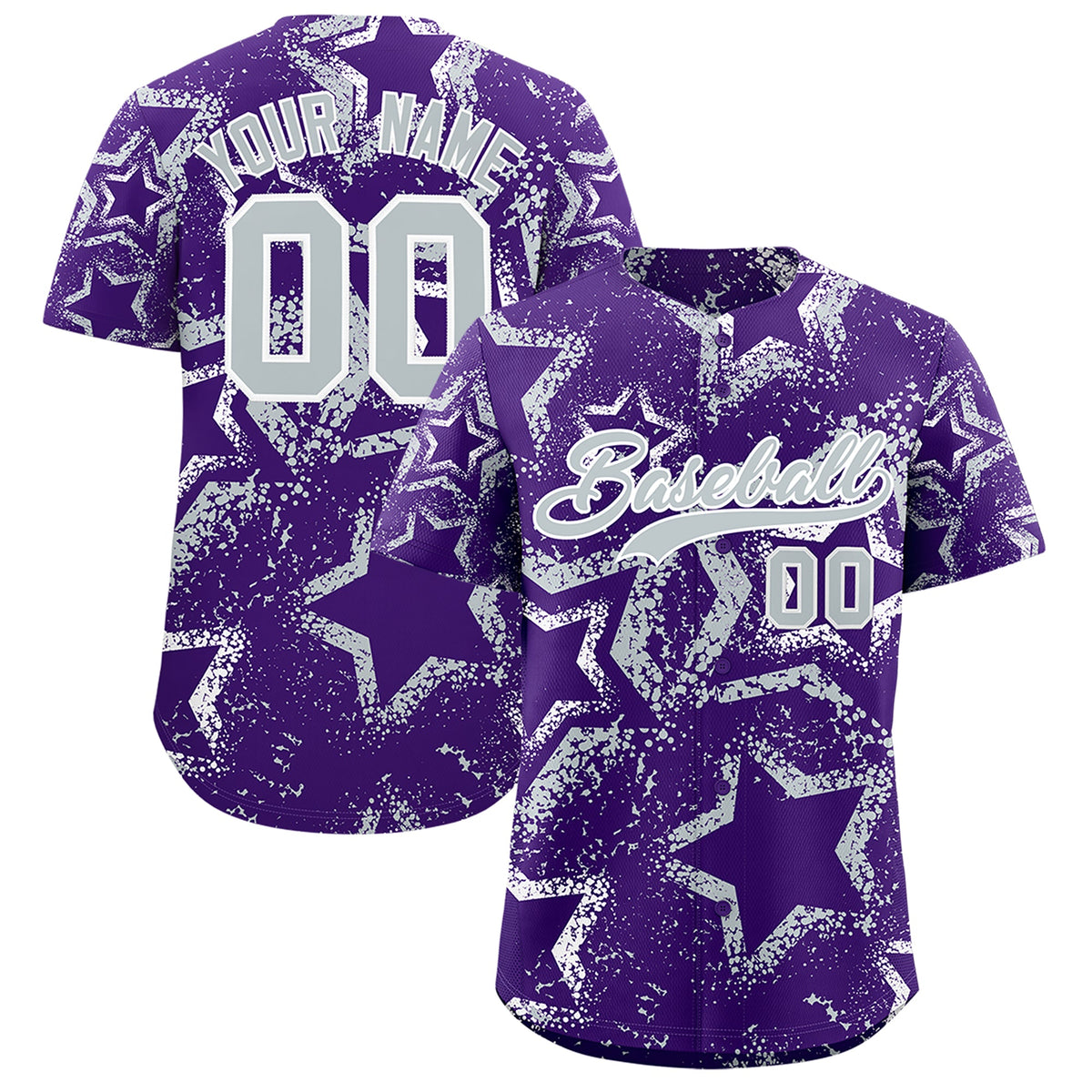 Custom Purple White Silver Star-Shaped Ink Texture Graffiti Pattern Baseball Jersey | Sublimation Printed &amp; Stitched,Add Name and Numbern,Perfect for Parties,Perfect for Training | KXKSHOP