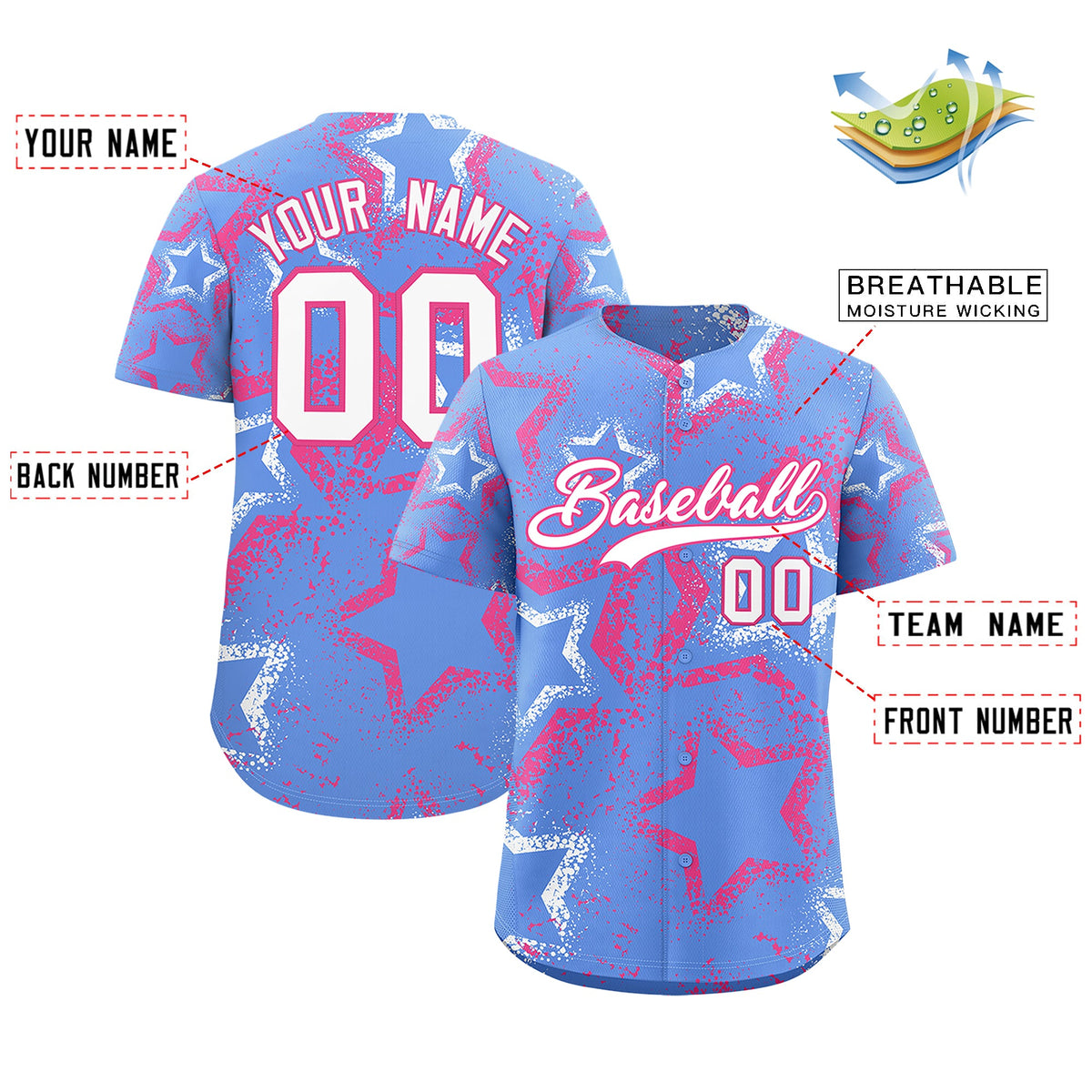 Custom Light Blue White Pink Star-Shaped Ink Texture Graffiti Pattern Baseball Jersey | Sublimation Printed & Stitched,Add Name and Numbern,Perfect for Parties,Perfect for Training | KXKSHOP