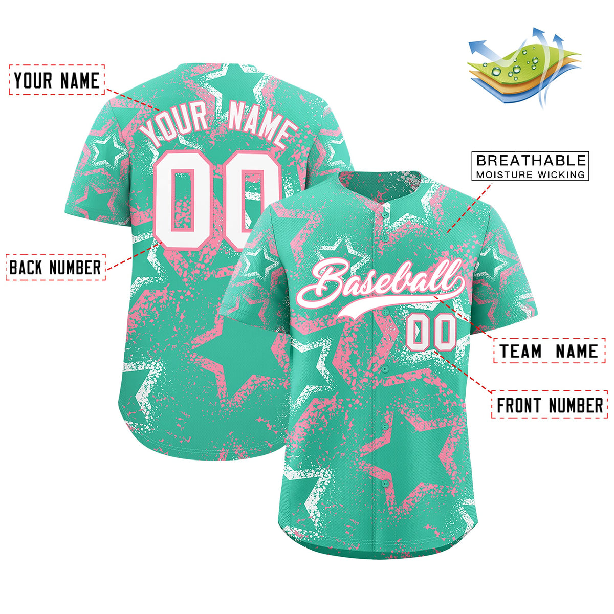 Custom Bright Green White Light Pink Star-Shaped Ink Texture Graffiti Pattern Baseball Jersey | Sublimation Printed &amp; Stitched,Add Name and Numbern,Perfect for Parties,Perfect for Training | KXKSHOP