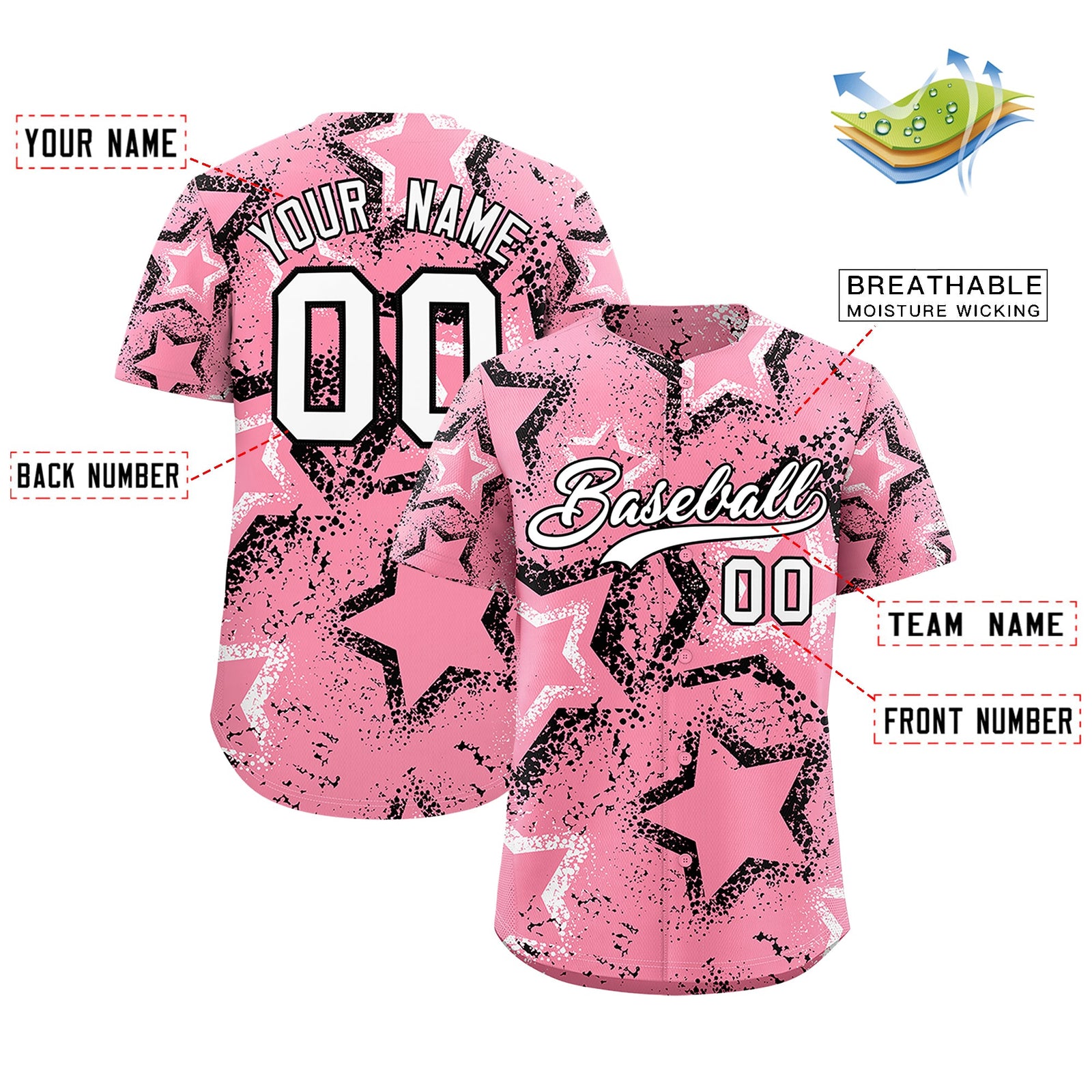 Custom Light Pink White Black Star-Shaped Ink Texture Graffiti Pattern Baseball Jersey | Sublimation Printed & Stitched,Add Name and Numbern,Perfect for Parties,Perfect for Training | KXKSHOP