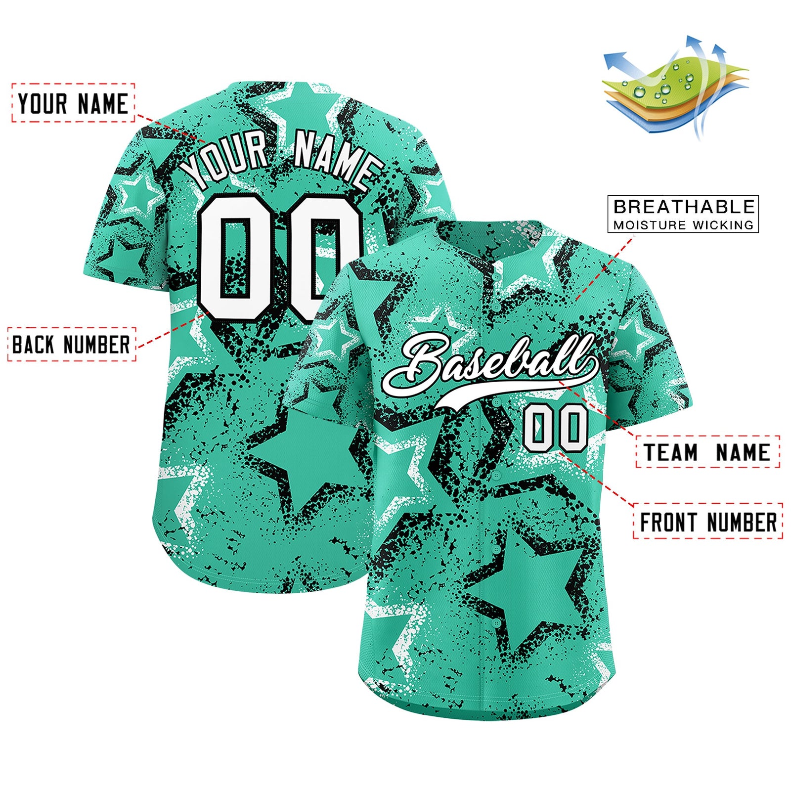 Custom Bright Green White Black Star-Shaped Ink Texture Graffiti Pattern Baseball Jersey | Sublimation Printed & Stitched,Add Name and Numbern,Perfect for Parties,Perfect for Training | KXKSHOP