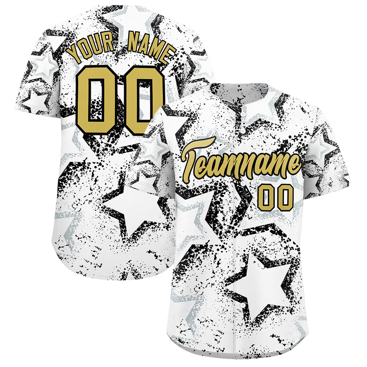Custom White Silver Old Gold Star-Shaped Ink Texture Graffiti Pattern Baseball Jersey | Sublimation Printed &amp; Stitched,Add Name and Numbern,Perfect for Parties,Perfect for Training | KXKSHOP