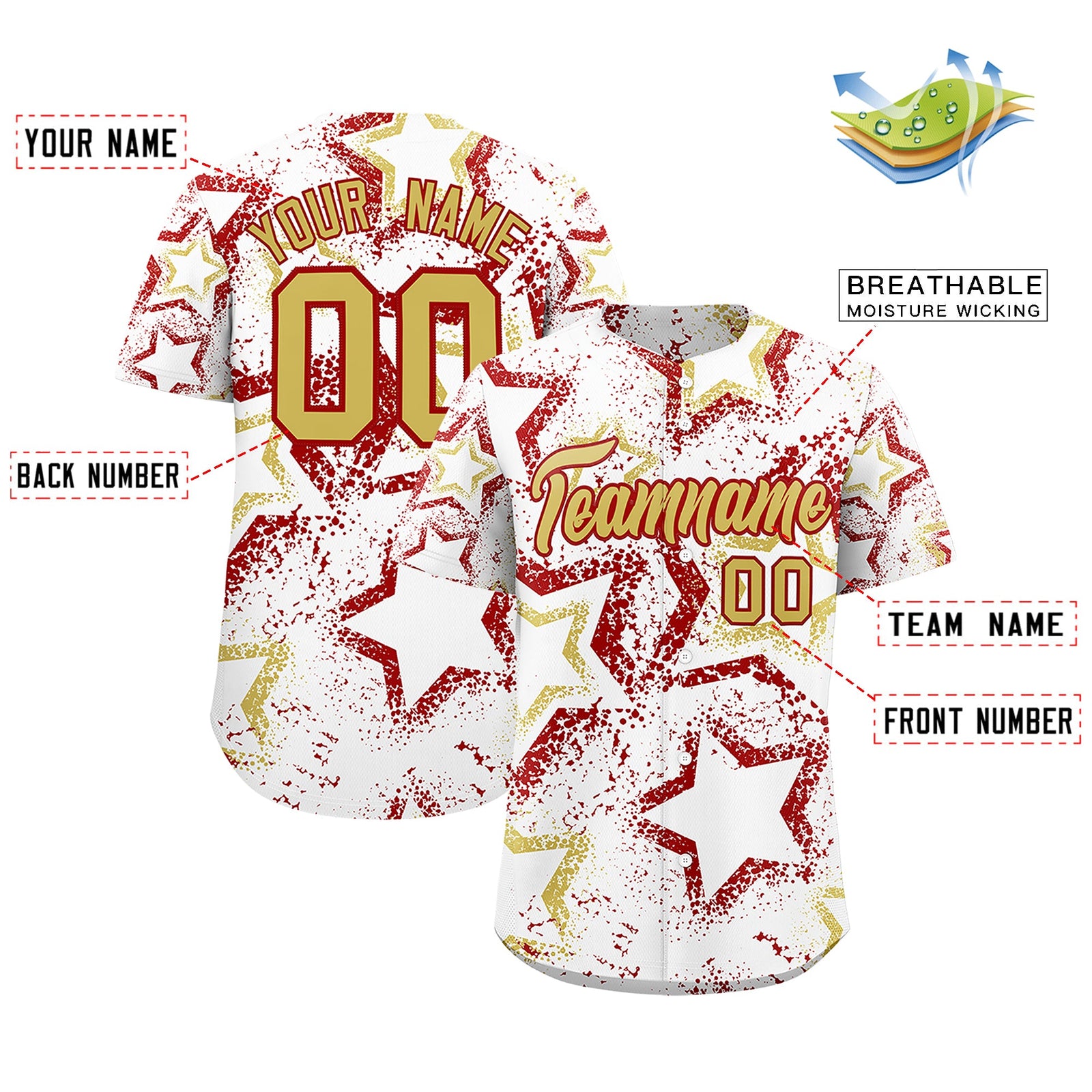 Custom White Old Gold Red Star-Shaped Ink Texture Graffiti Pattern Baseball Jersey | Sublimation Printed & Stitched,Add Name and Numbern,Perfect for Parties,Perfect for Training | KXKSHOP
