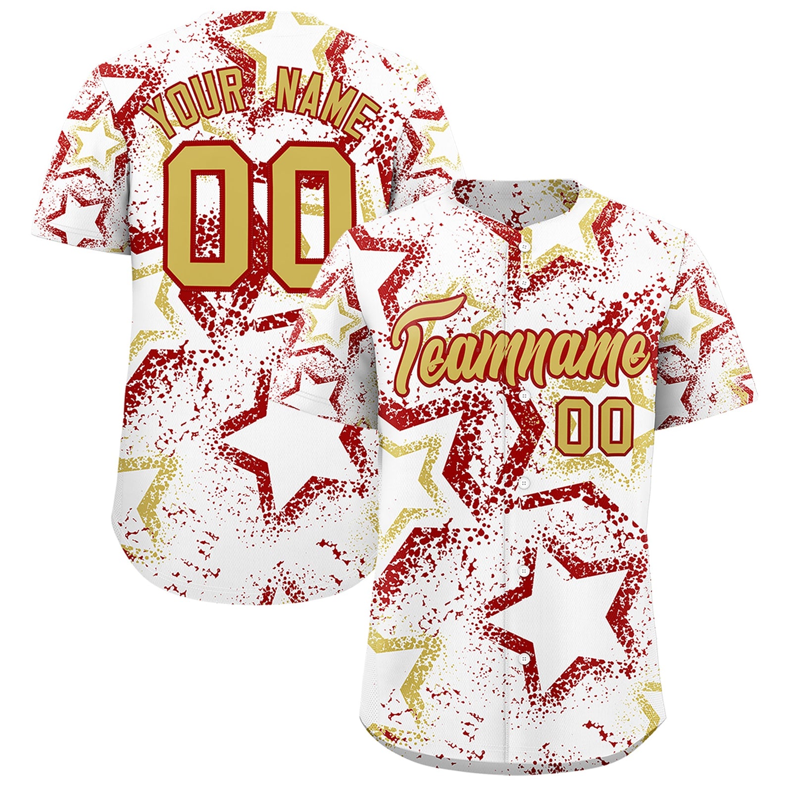 Custom White Old Gold Red Star-Shaped Ink Texture Graffiti Pattern Baseball Jersey | Sublimation Printed & Stitched,Add Name and Numbern,Perfect for Parties,Perfect for Training | KXKSHOP