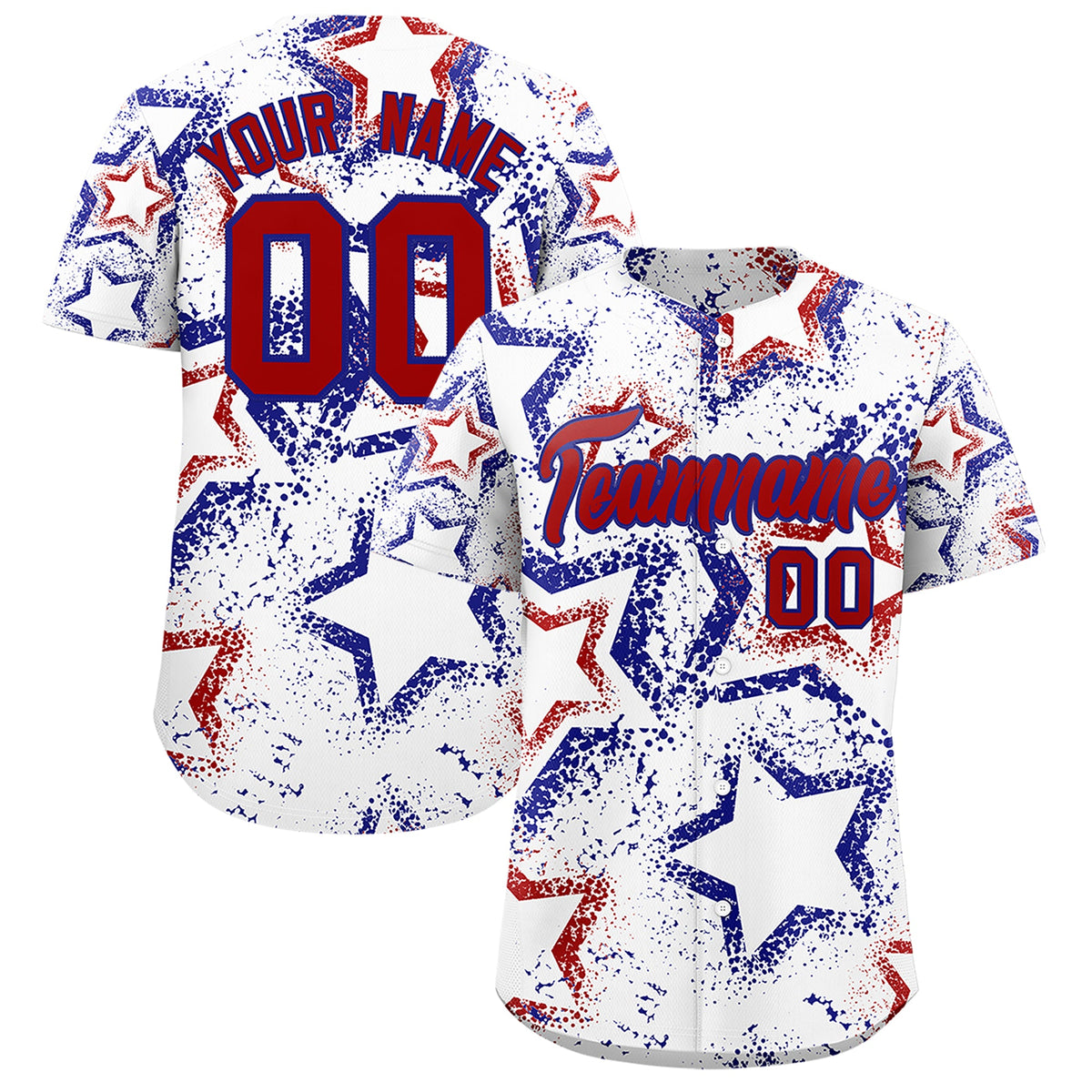 Custom White Royal Blue Red Star-Shaped Ink Texture Graffiti Pattern Baseball Jersey | Sublimation Printed &amp; Stitched,Add Name and Numbern,Perfect for Parties,Perfect for Training | KXKSHOP