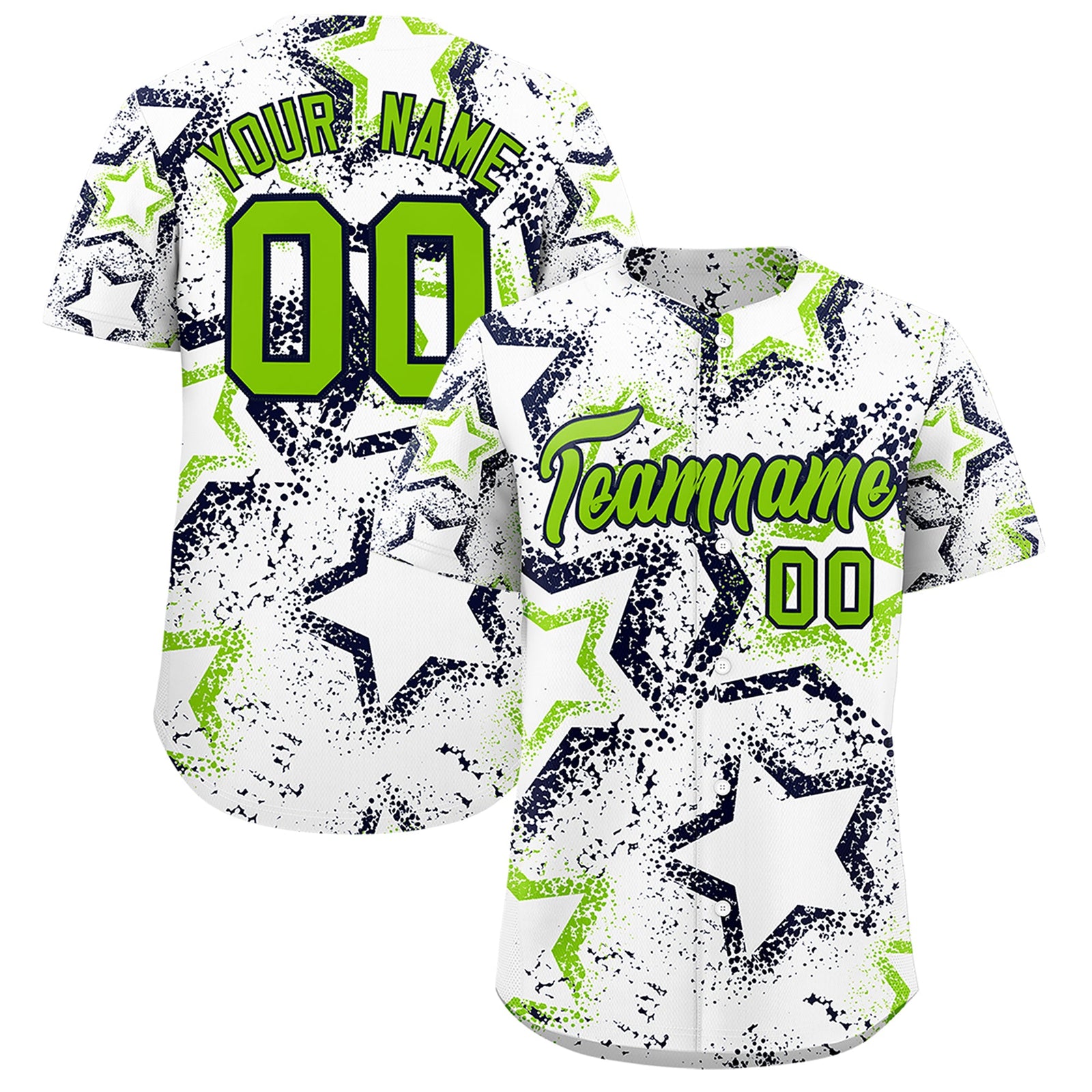 Custom White Neon Green Navy Star-Shaped Ink Texture Graffiti Pattern Baseball Jersey | Sublimation Printed & Stitched,Add Name and Numbern,Perfect for Parties,Perfect for Training | KXKSHOP