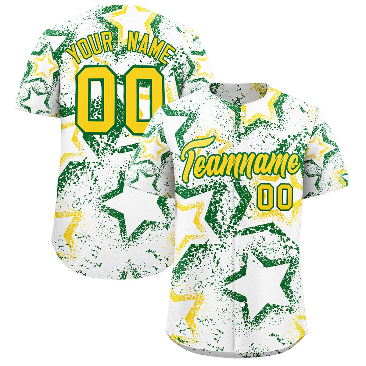 Custom White Kelly Green Gold Star-Shaped Ink Texture Graffiti Pattern Baseball Jersey | Sublimation Printed &amp; Stitched,Add Name and Numbern,Perfect for Parties,Perfect for Training | KXKSHOP
