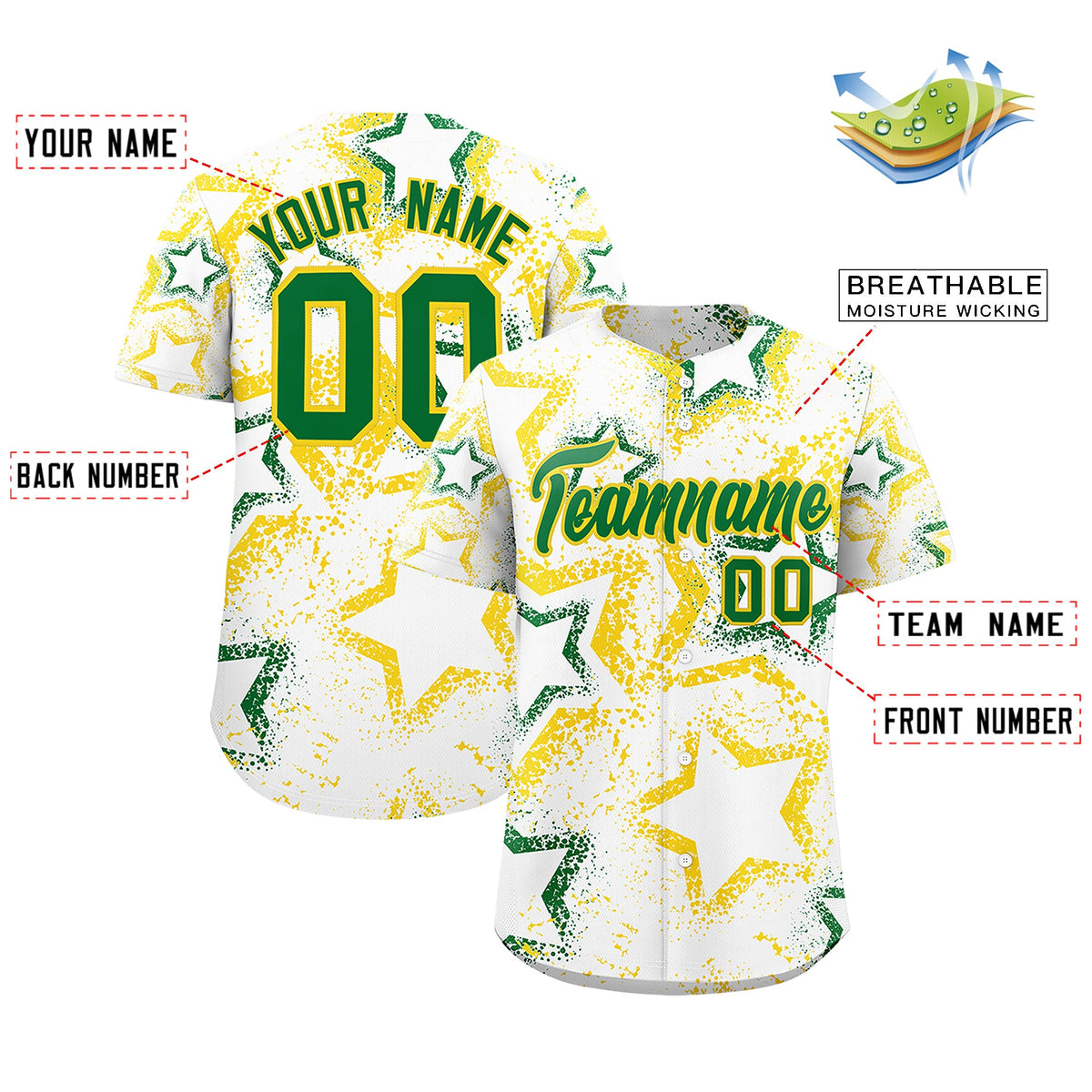Custom White Gold Kelly Green Star-Shaped Ink Texture Graffiti Pattern Baseball Jersey | Sublimation Printed &amp; Stitched,Add Name and Numbern,Perfect for Parties,Perfect for Training | KXKSHOP
