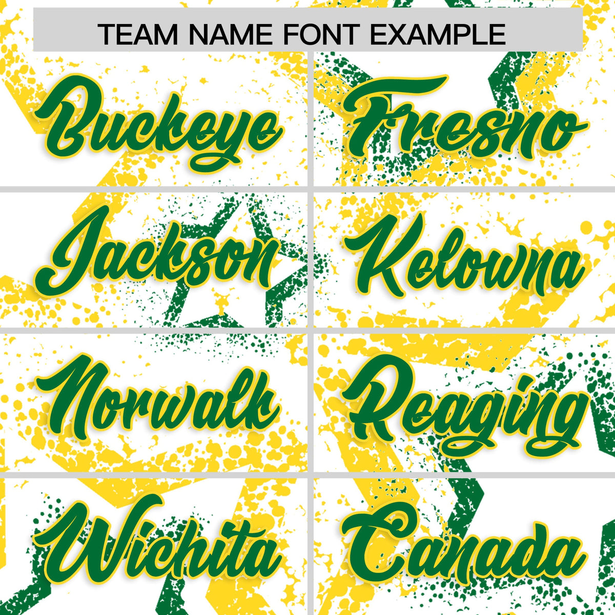 Custom White Gold Kelly Green Star-Shaped Ink Texture Graffiti Pattern Baseball Jersey | Sublimation Printed &amp; Stitched,Add Name and Numbern,Perfect for Parties,Perfect for Training | KXKSHOP