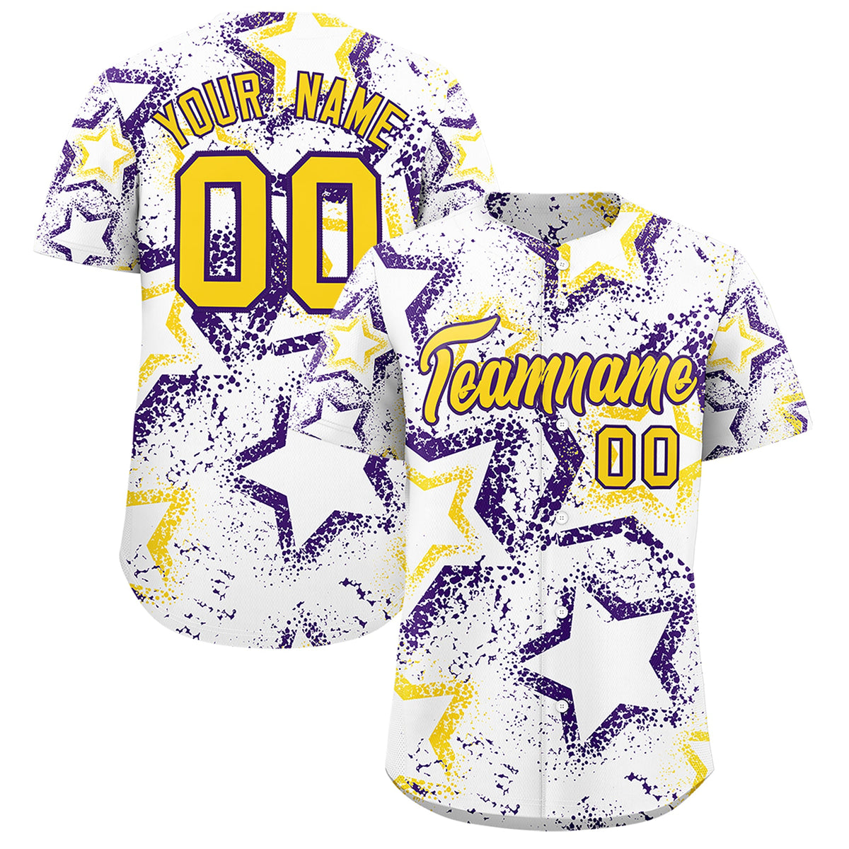 Custom White Gold Purple Star-Shaped Ink Texture Graffiti Pattern Baseball Jersey | Sublimation Printed & Stitched,Add Name and Numbern,Perfect for Parties,Perfect for Training | KXKSHOP