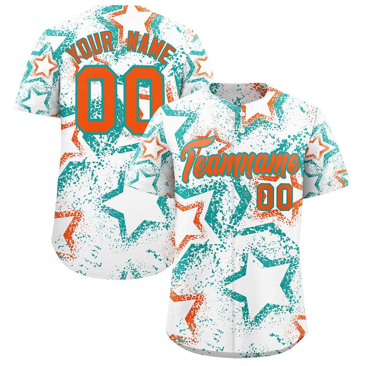 Custom White Aqua Orange Star-Shaped Ink Texture Graffiti Pattern Baseball Jersey | Sublimation Printed & Stitched,Add Name and Numbern,Perfect for Parties,Perfect for Training | KXKSHOP