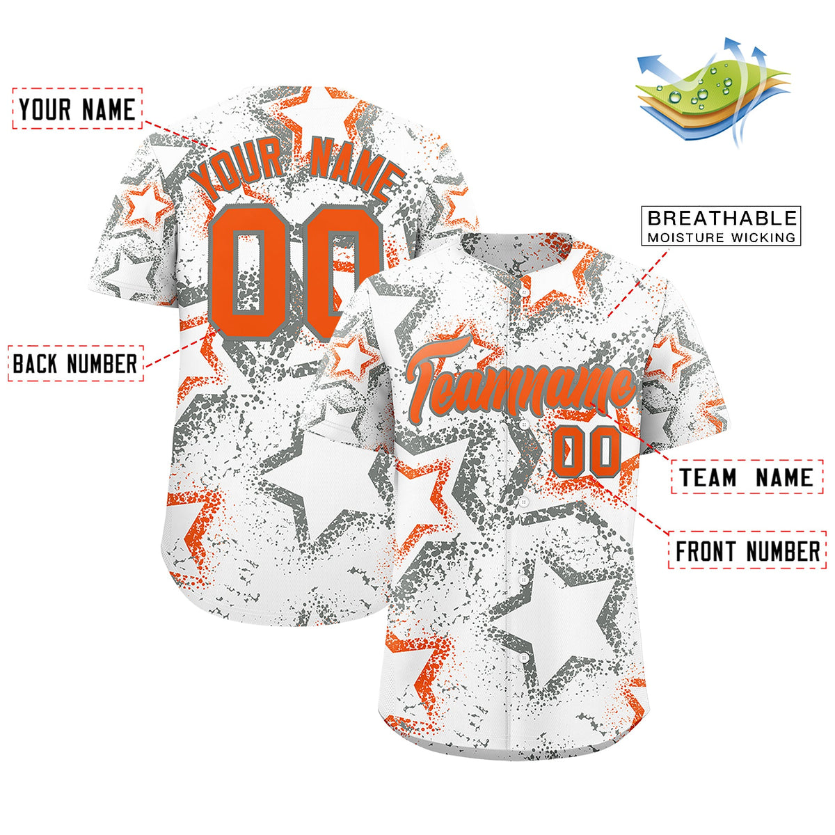 Custom White Orange Star-Shaped Ink Texture Graffiti Pattern Baseball Jersey | Sublimation Printed & Stitched,Add Name and Numbern,Perfect for Parties,Perfect for Training | KXKSHOP