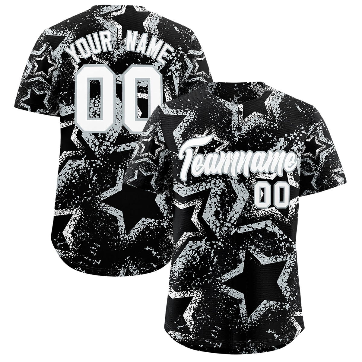 Custom Black White Silver Star-Shaped Ink Texture Graffiti Pattern Baseball Jersey | Sublimation Printed &amp; Stitched,Add Name and Numbern,Perfect for Parties,Perfect for Training | KXKSHOP