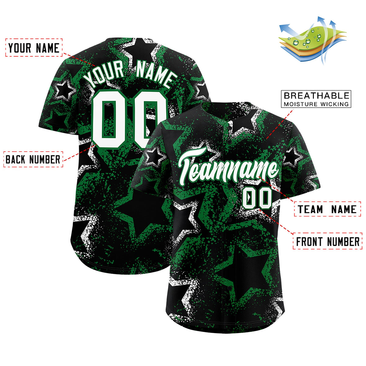 Custom Black White Kelly Green Star-Shaped Ink Texture Graffiti Pattern Baseball Jersey | Sublimation Printed &amp; Stitched,Add Name and Numbern,Perfect for Parties,Perfect for Training | KXKSHOP