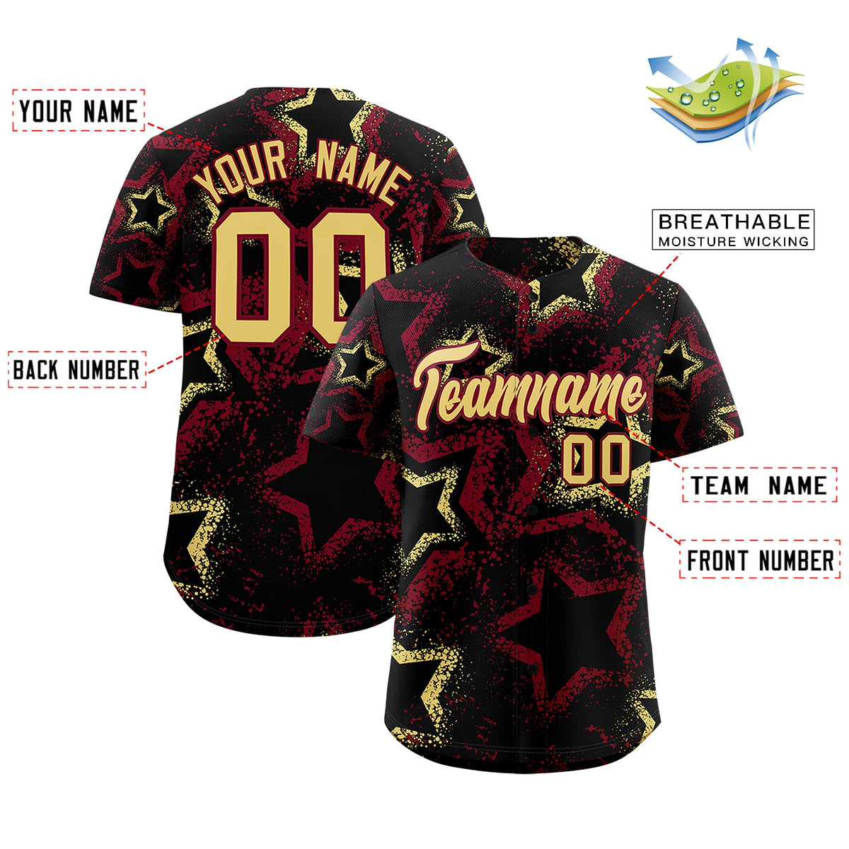 Custom Black Khaki Crimson Star-Shaped Ink Texture Graffiti Pattern Baseball Jersey | Sublimation Printed &amp; Stitched,Add Name and Numbern,Perfect for Parties,Perfect for Training | KXKSHOP