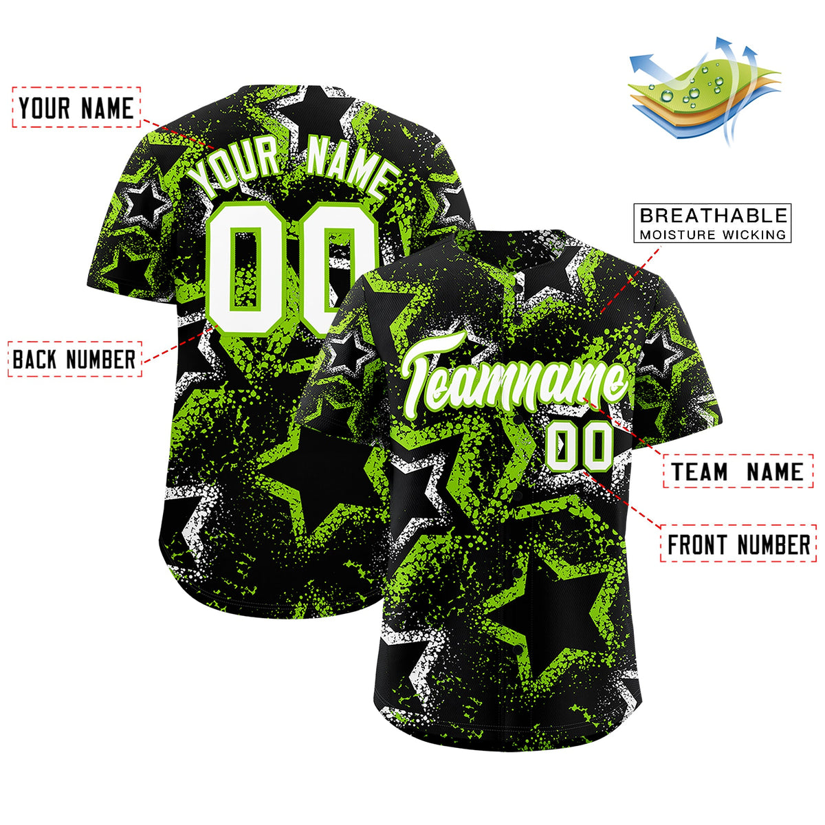 Custom Black White Neon Green Star-Shaped Ink Texture Graffiti Pattern Baseball Jersey | Sublimation Printed & Stitched,Add Name and Numbern,Perfect for Parties,Perfect for Training | KXKSHOP