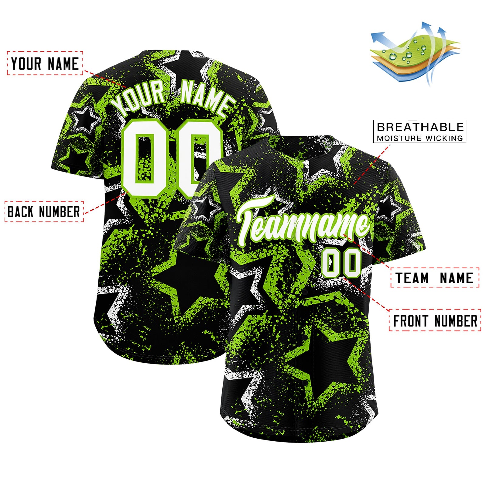 Custom Black White Neon Green Star-Shaped Ink Texture Graffiti Pattern Baseball Jersey | Sublimation Printed & Stitched,Add Name and Numbern,Perfect for Parties,Perfect for Training | KXKSHOP