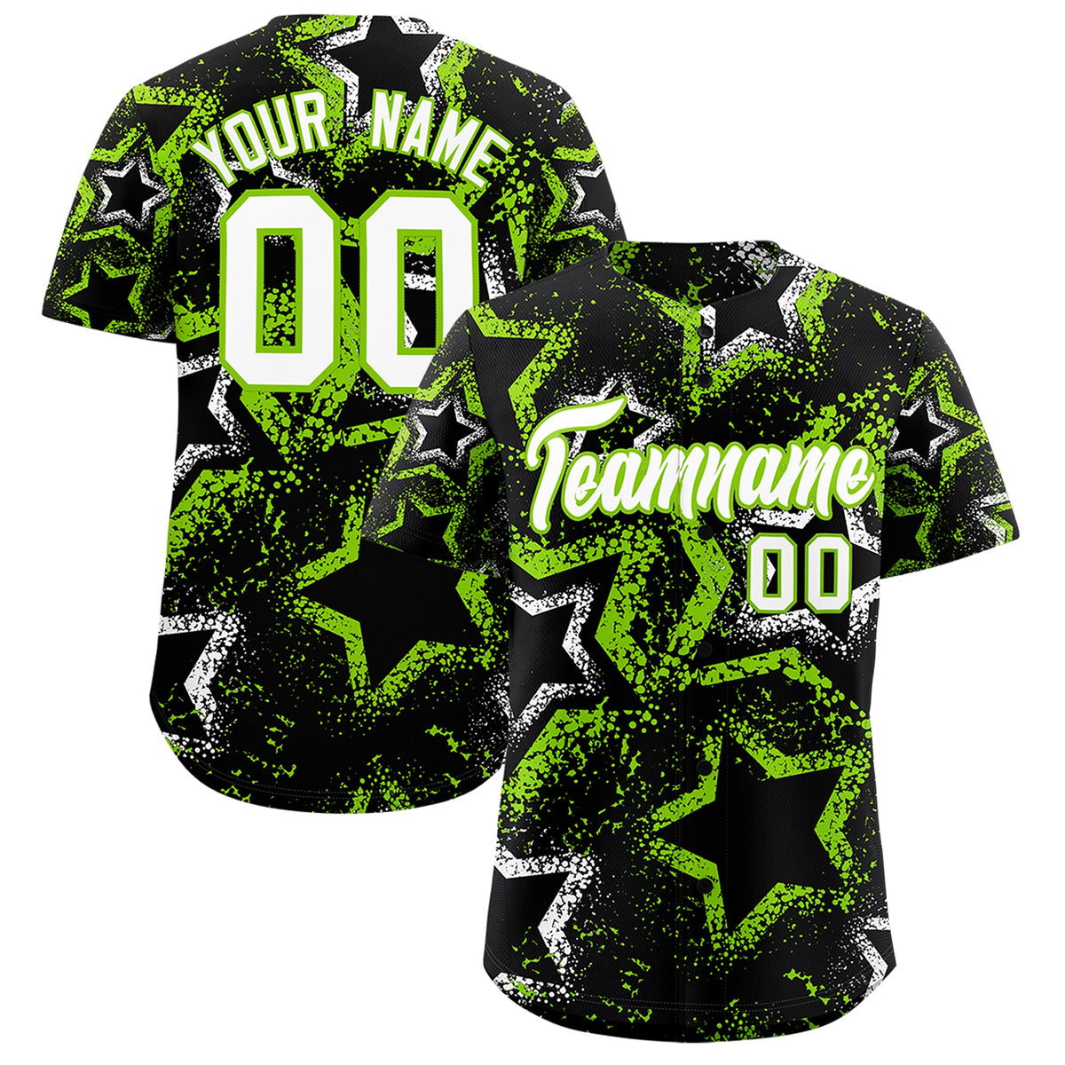 Custom Black White Neon Green Star-Shaped Ink Texture Graffiti Pattern Baseball Jersey | Sublimation Printed & Stitched,Add Name and Numbern,Perfect for Parties,Perfect for Training | KXKSHOP
