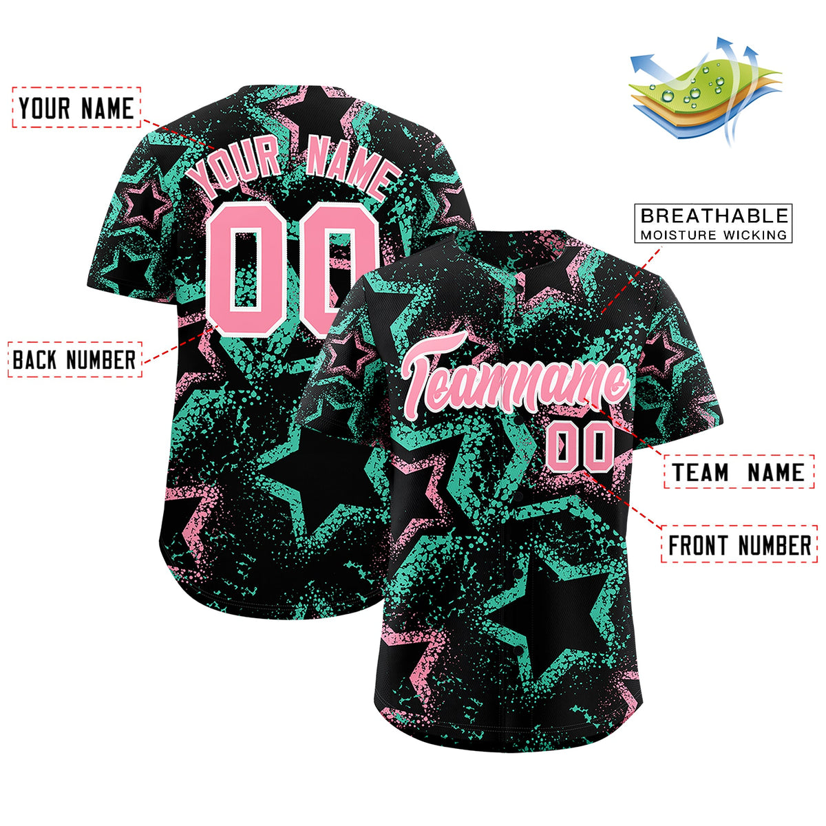 Custom Black Light Pink White Star-Shaped Ink Texture Graffiti Pattern Baseball Jersey | Sublimation Printed & Stitched,Add Name and Numbern,Perfect for Parties,Perfect for Training | KXKSHOP
