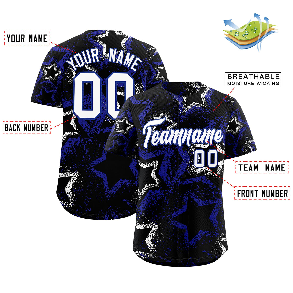 Custom Black White Royal Blue Star-Shaped Ink Texture Graffiti Pattern Baseball Jersey | Sublimation Printed &amp; Stitched,Add Name and Numbern,Perfect for Parties,Perfect for Training | KXKSHOP