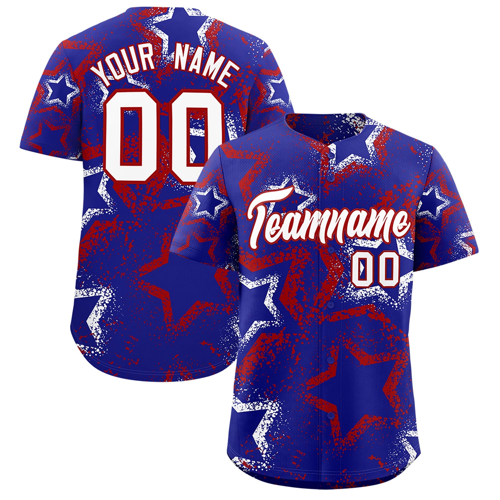 Custom Royal Blue White Red Star-Shaped Ink Texture Graffiti Pattern Baseball Jersey | Sublimation Printed & Stitched,Add Name and Numbern,Perfect for Parties,Perfect for Training | KXKSHOP