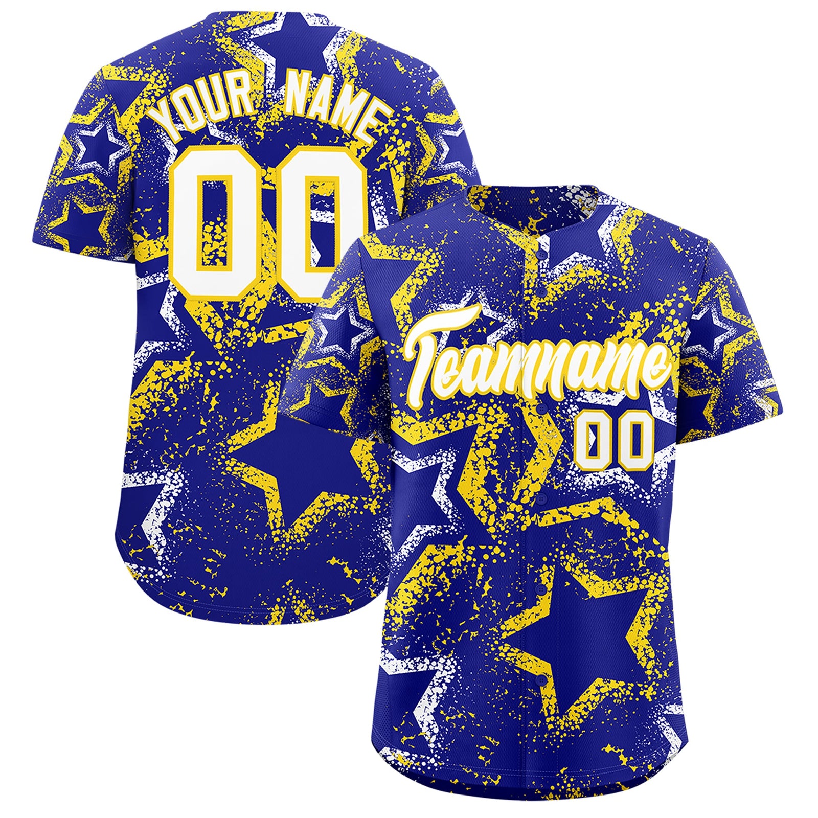 Custom Royal Blue White Gold Star-Shaped Ink Texture Graffiti Pattern Baseball Jersey | Sublimation Printed & Stitched,Add Name and Numbern,Perfect for Parties,Perfect for Training | KXKSHOP