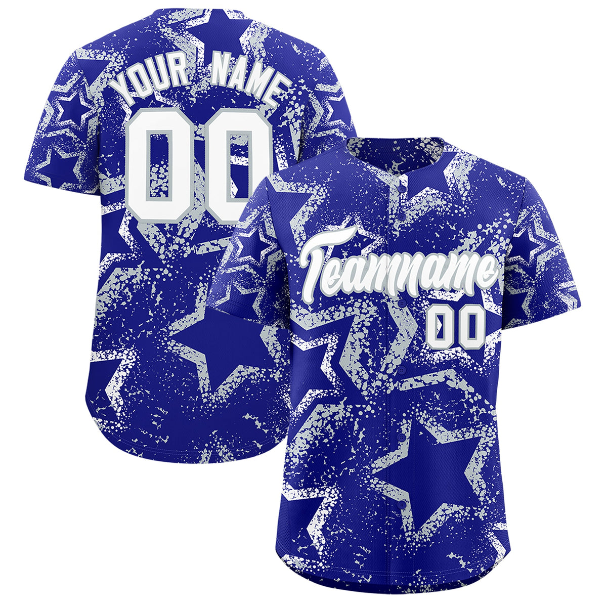 Custom Royal Blue White Silver Star-Shaped Ink Texture Graffiti Pattern Baseball Jersey | Sublimation Printed &amp; Stitched,Add Name and Numbern,Perfect for Parties,Perfect for Training | KXKSHOP