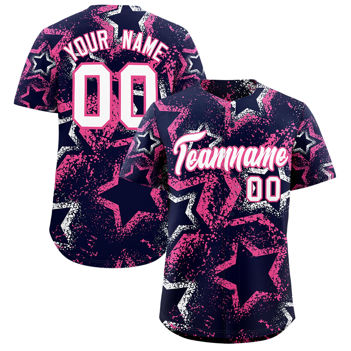 Custom Navy White Pink Star-Shaped Ink Texture Graffiti Pattern Baseball Jersey | Sublimation Printed & Stitched,Add Name and Numbern,Perfect for Parties,Perfect for Training | KXKSHOP