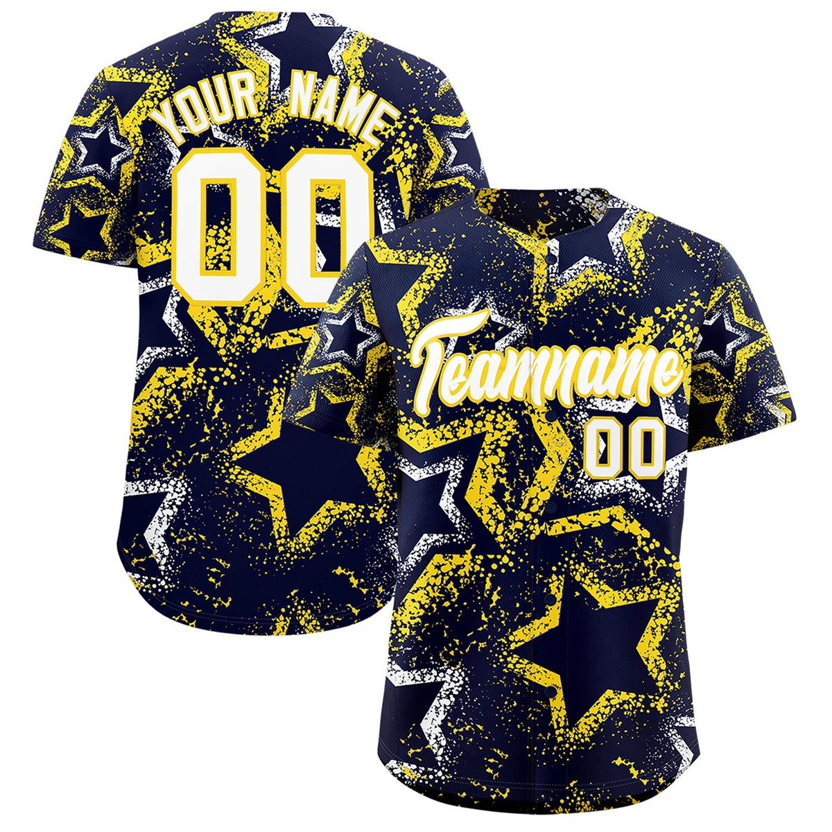 Custom Navy White Gold Star-Shaped Ink Texture Graffiti Pattern Baseball Jersey | Sublimation Printed & Stitched,Add Name and Numbern,Perfect for Parties,Perfect for Training | KXKSHOP