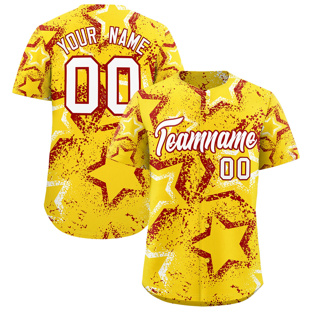 Custom Gold White Red Star-Shaped Ink Texture Graffiti Pattern Baseball Jersey | Sublimation Printed & Stitched,Add Name and Numbern,Perfect for Parties,Perfect for Training | KXKSHOP