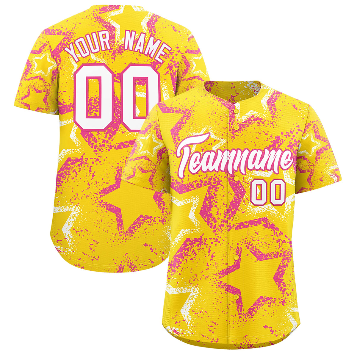 Custom Gold White Pink Star-Shaped Ink Texture Graffiti Pattern Baseball Jersey | Sublimation Printed & Stitched,Add Name and Numbern,Perfect for Parties,Perfect for Training | KXKSHOP