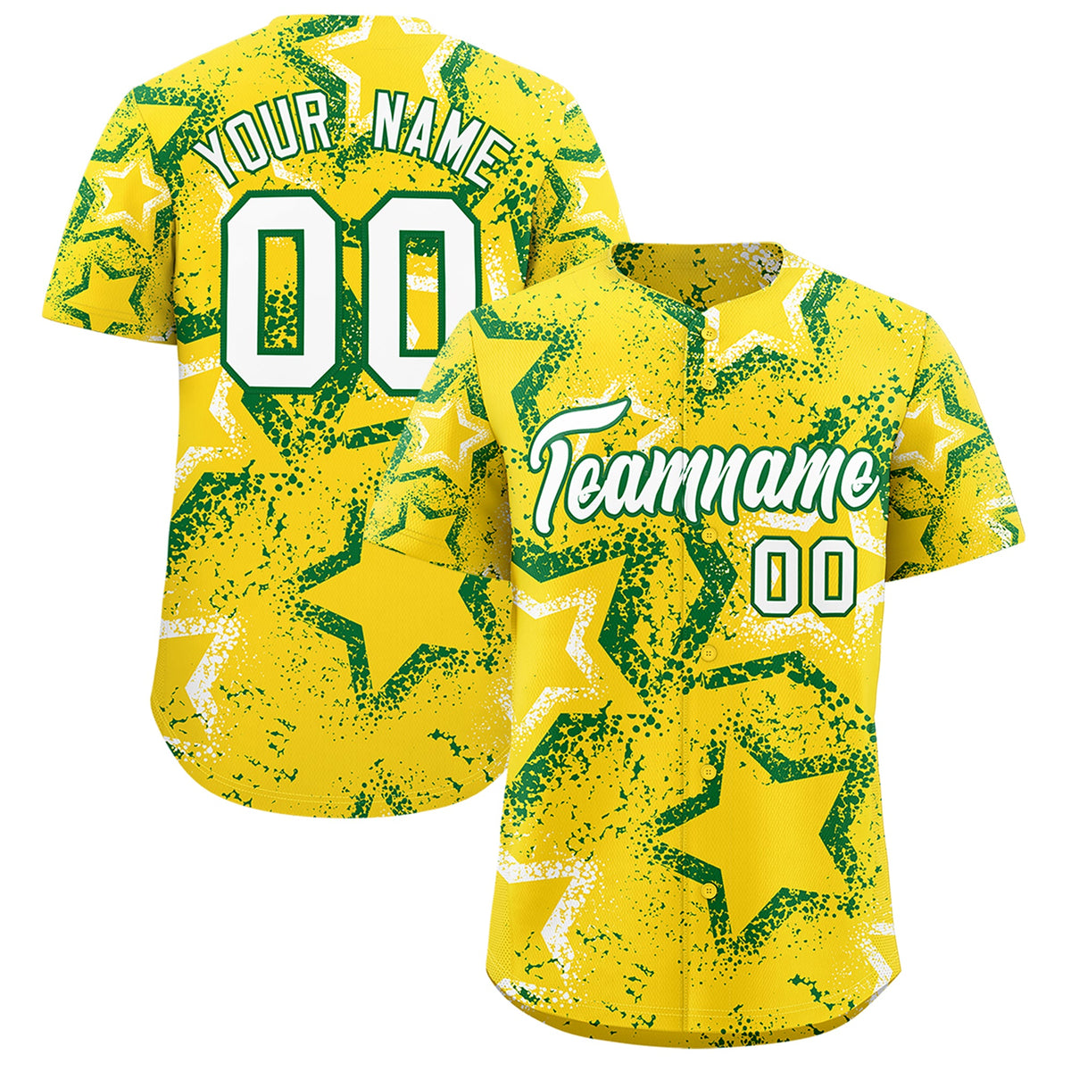 Custom Gold White Kelly Green Star-Shaped Ink Texture Graffiti Pattern Baseball Jersey | Sublimation Printed &amp; Stitched,Add Name and Numbern,Perfect for Parties,Perfect for Training | KXKSHOP